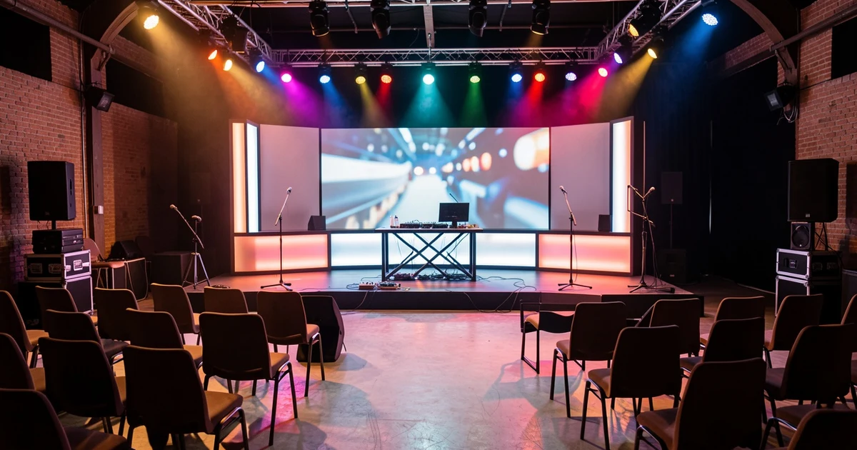 Television studio with colourful lights and a giant screen for entertainment show