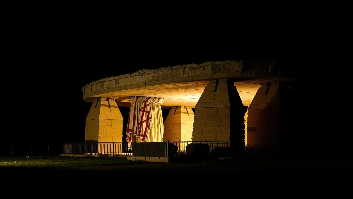 Vista nocturna del dolmen de Menga iluminado por farolas y luz tenue