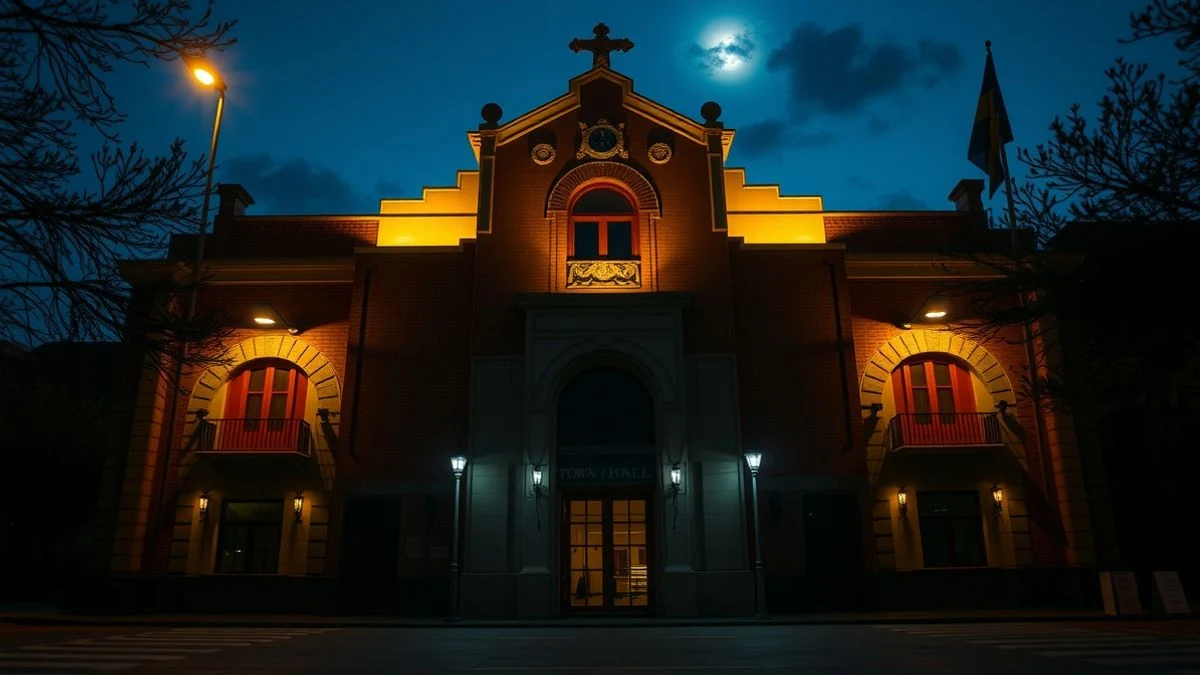 Illustrative image: facade of an institutional building illuminated at dusk, with streetlights on and blurred silhouettes in the background.