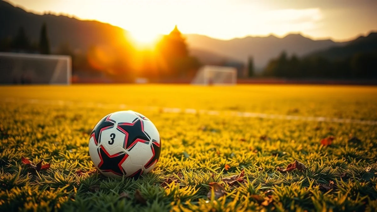 Imagen ilustrativa: Un campo de fútbol al atardecer en Marbella, con un balón sobre el césped y porterías al fondo.