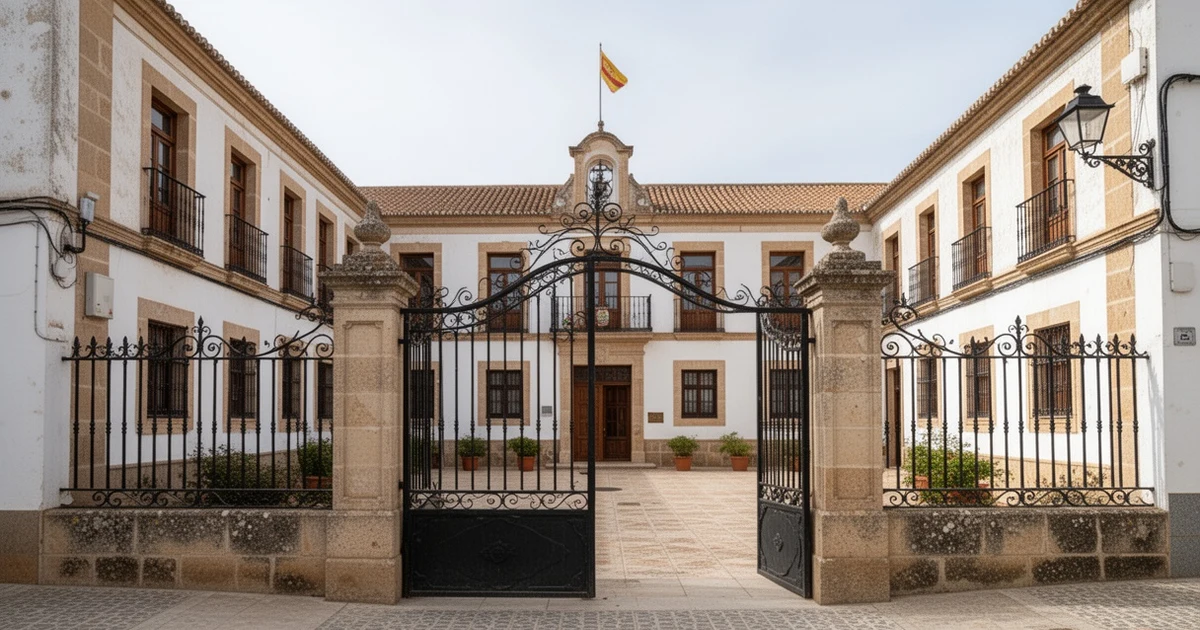 Exterior of Colegio San José boarding school with auction sign in Campillos, Málaga