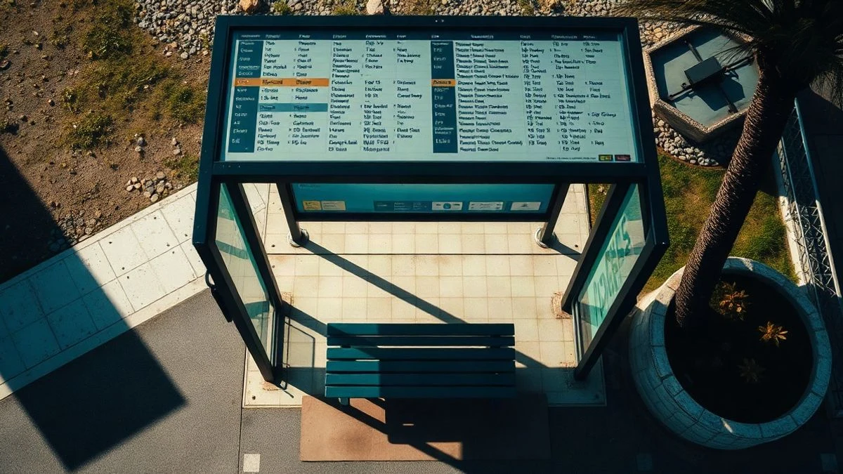 Illustrative image: overhead view of an empty bus stop with a bench and a timetable sign in a sunny urban setting.