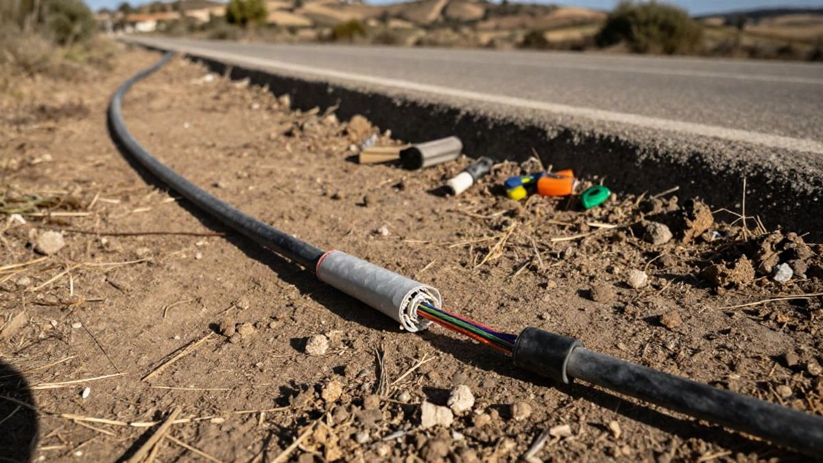 Illustrative image: overhead view of a severed fibre optic cable next to a rural road