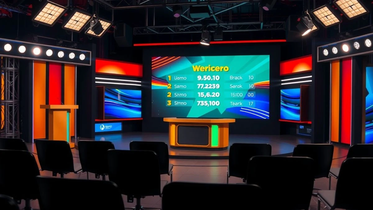 Imagen ilustrativa: un plató de televisión con un podio y una pantalla gigante de un concurso de palabras, vacío, con iluminación dramática.