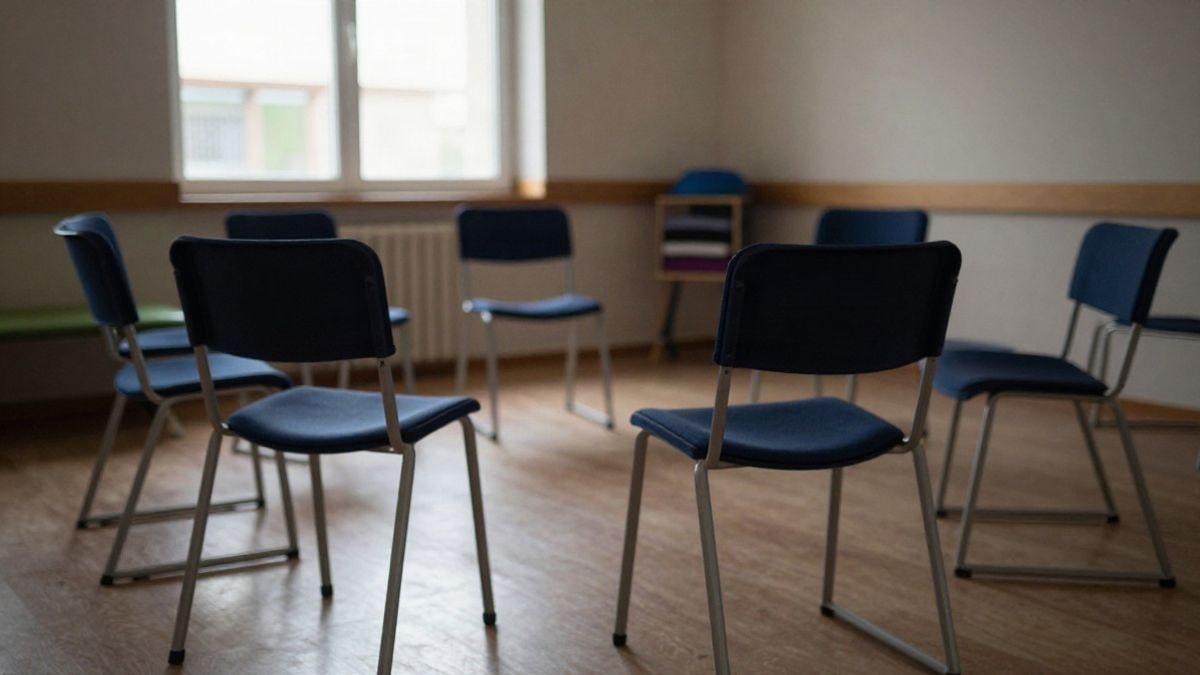 Illustrative image: empty therapy room with chairs in a circle and soft natural light