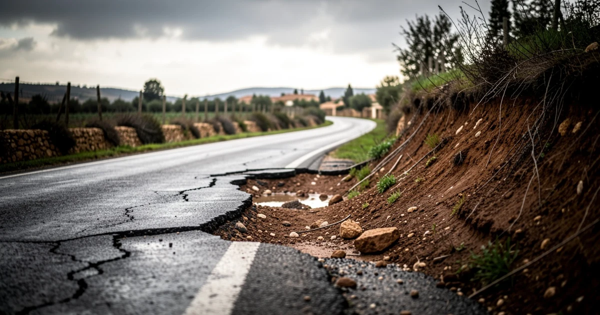 Camino rural dañado con el pavimento erosionado y un terraplén derrumbado tras las lluvias, con colinas y olivos al fondo