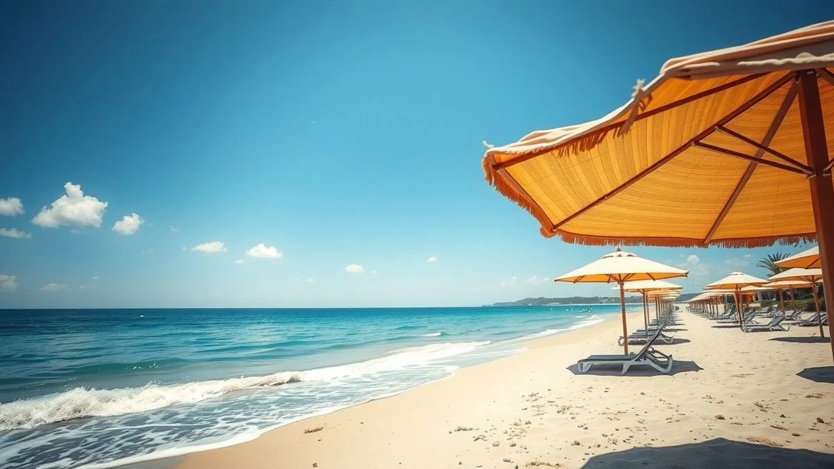 Playa de Torremolinos con cielo despejado y hamacas vacías