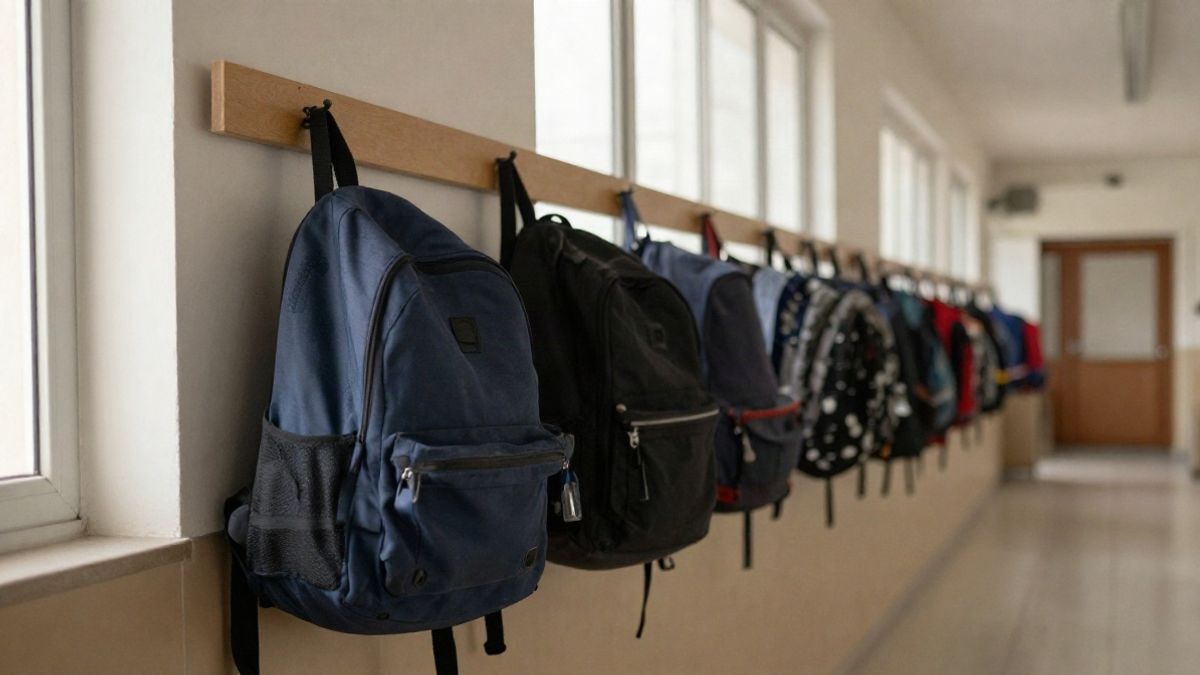 Illustrative image: school corridor with backpacks hanging and natural light coming through the windows