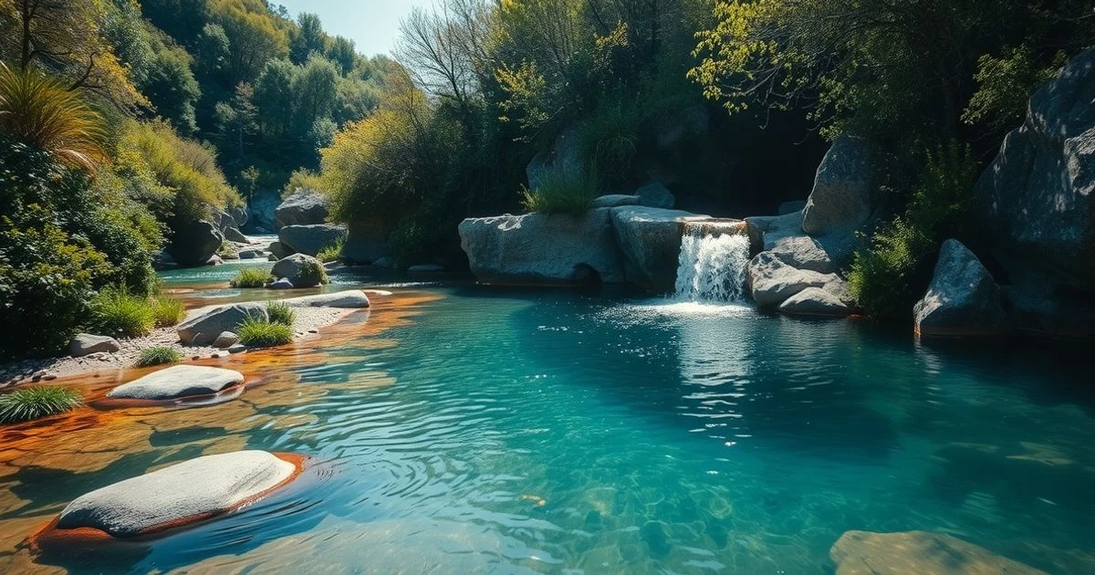 Natural pool with waterfall and crystal-clear water surrounded by vegetation in inland Málaga