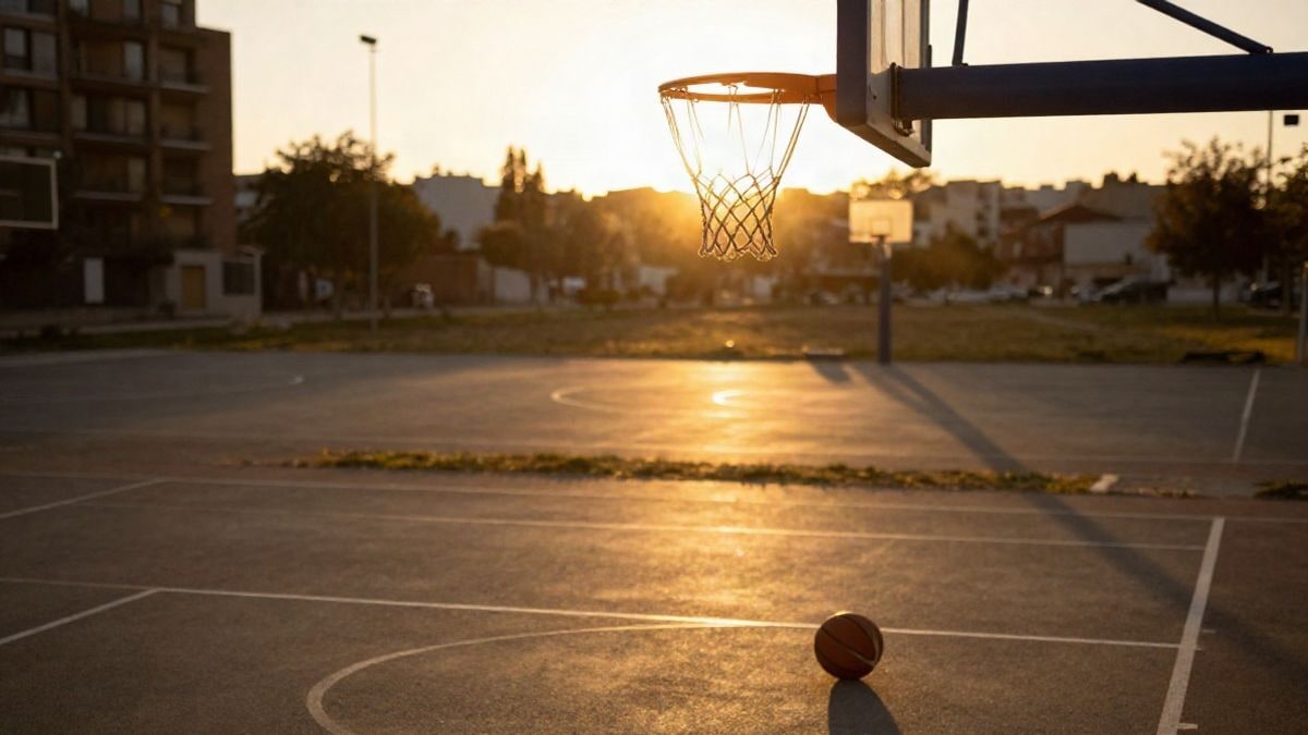 Imagen ilustrativa: canasta de baloncesto a contraluz al atardecer con sombras largas en una pista vacía