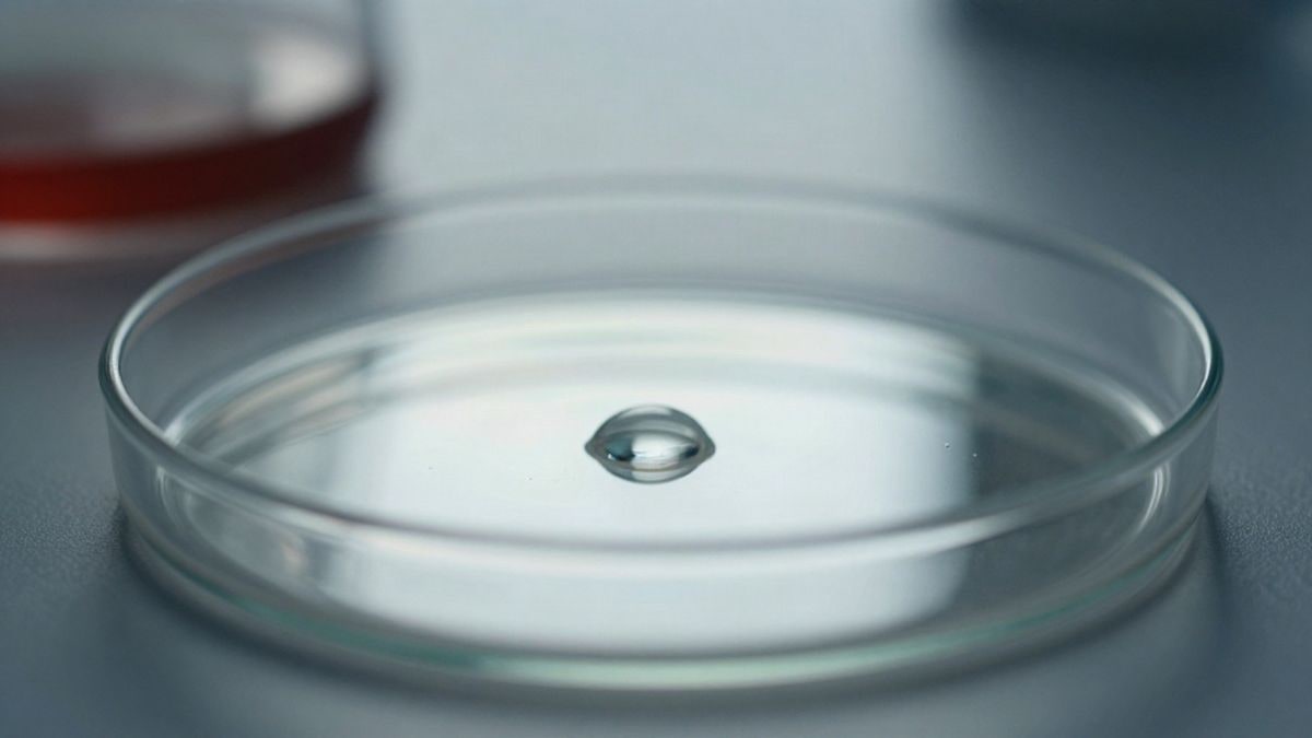 Imagen ilustrativa: gota de agua sobre una placa de laboratorio junto a una placa de Petri