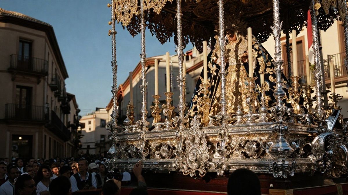 Imagen ilustrativa: un paso procesional barroco con detalles dorados y velas, iluminado al atardecer.