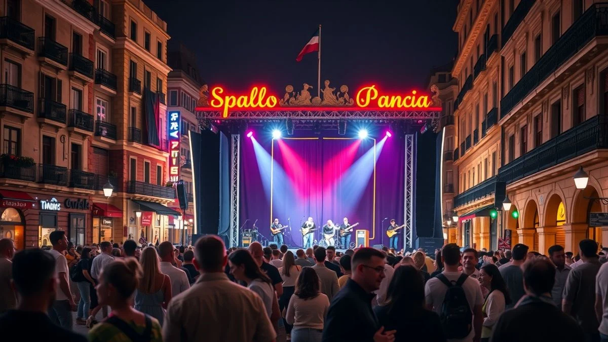 Plaza abarrotada de gente durante una verbena nocturna con luces y un escenario musical