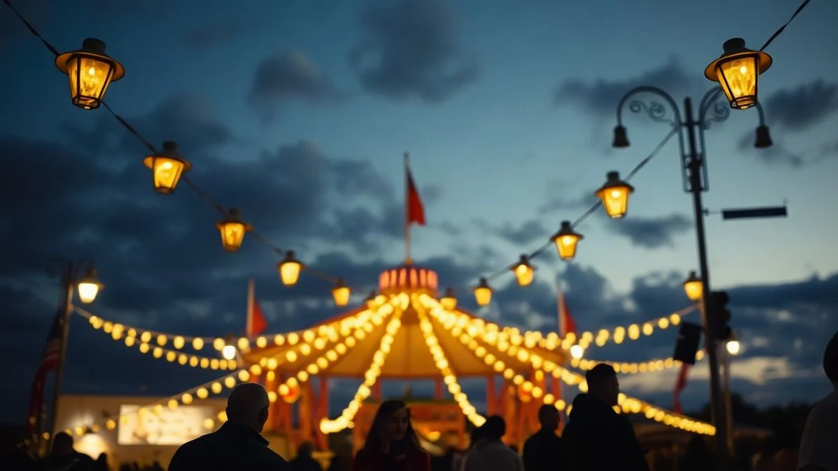 Imagen ilustrativa: escenario con farolillos y atril vacío al atardecer en una feria.