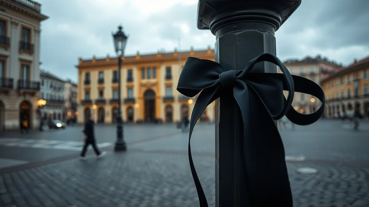 Illustrative image: black mourning ribbon tied to a lamppost in a cobbled square, with a town hall building in the background