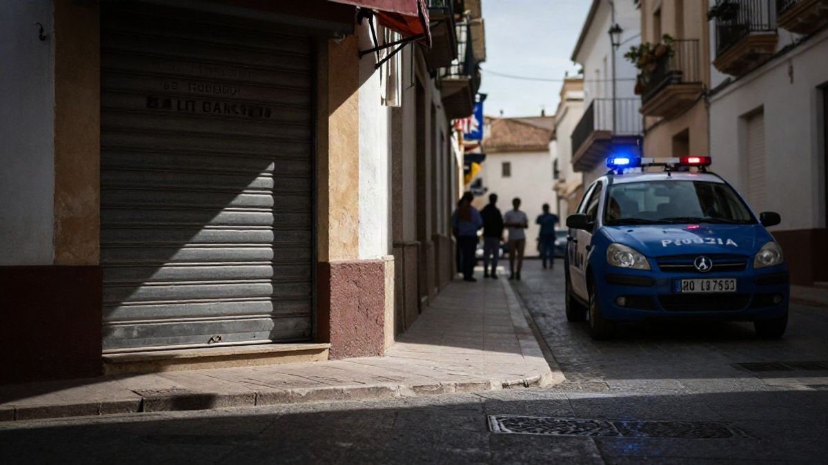Imagen ilustrativa: calle de una localidad costera con la persiana de un estanco bajada y un coche de policía con las luces encendidas