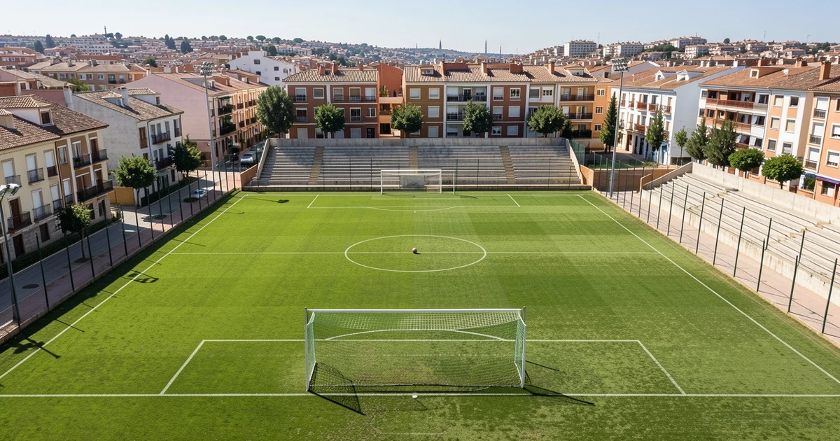 Vista aérea de un campo de fútbol en una barriada de Málaga con un balón sobre el césped