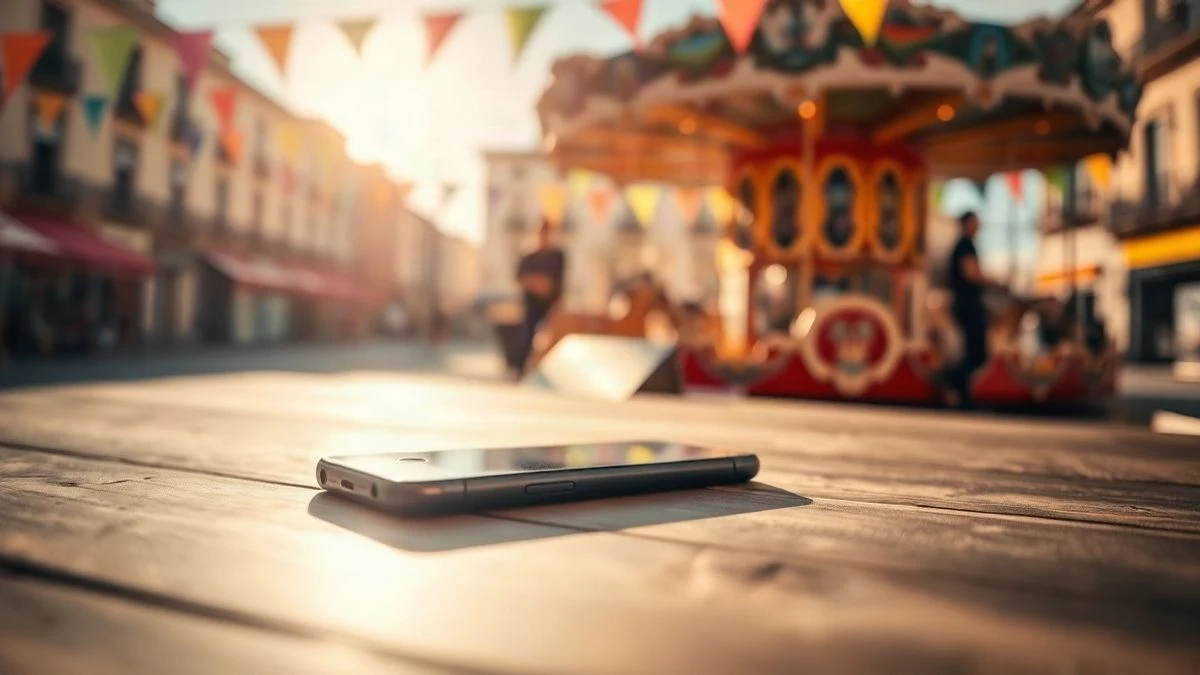 Illustrative image: a mobile phone on a wooden table in a square with a festive atmosphere blurred in the background.