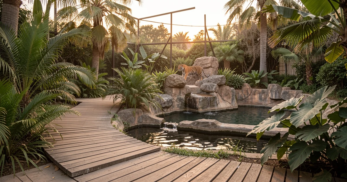 Vista de un recinto tropical en BIOPARC Fuengirola al atardecer, con vegetación y un tigre al fondo.