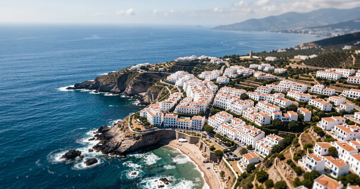 Aerial view of Estepona's coast with white buildings and blue sea on a sunny day