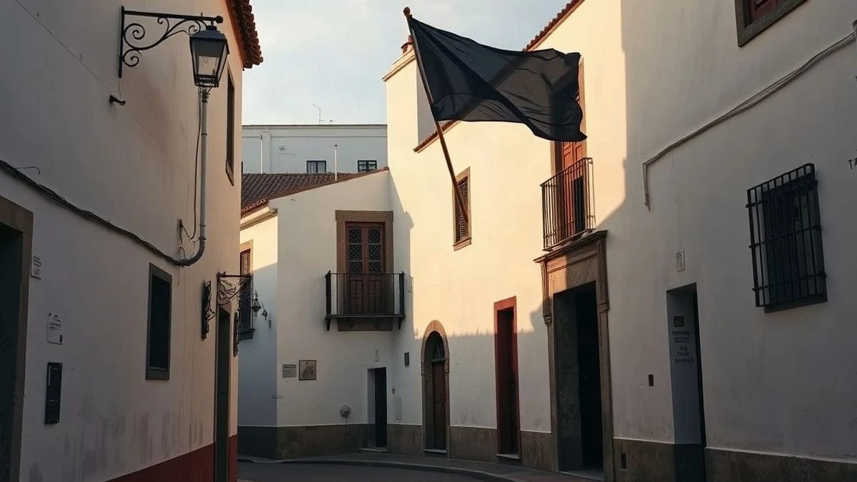 Illustrative image: street of an Andalusian village at sunset with a flag at half-mast and whitewashed houses