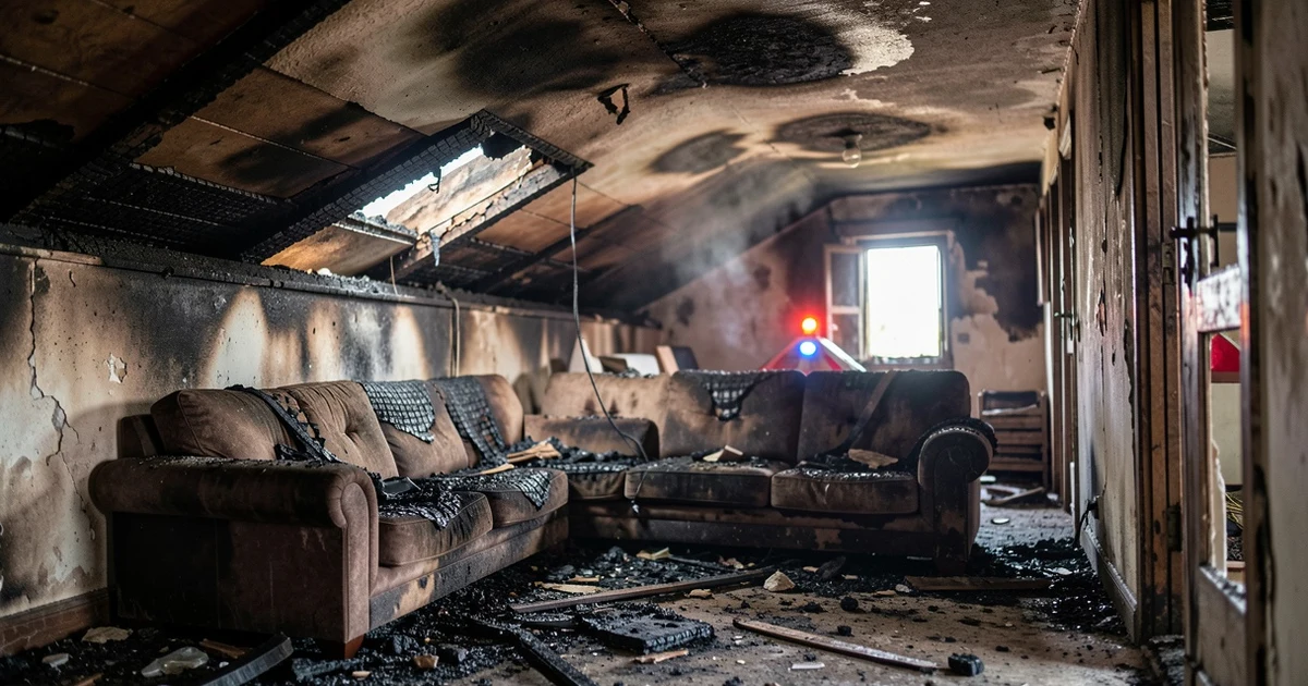 Interior of a burnt attic after a fire, with blackened walls and debris