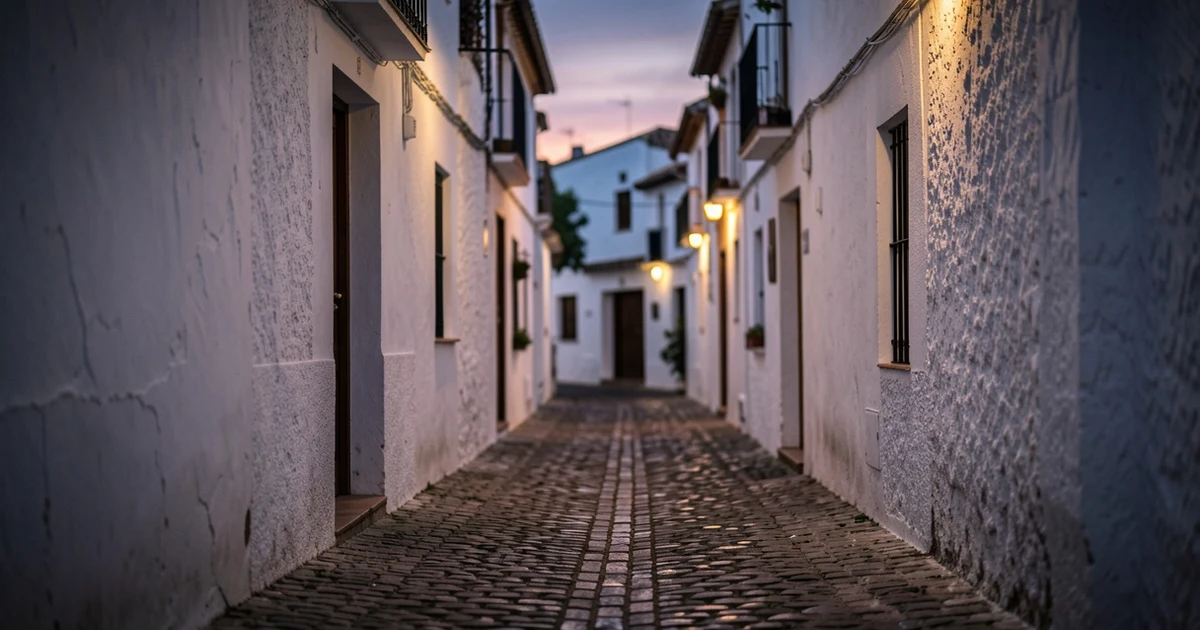 Cobblestone alley with red carpet and lights in a white Andalusian village at sunset