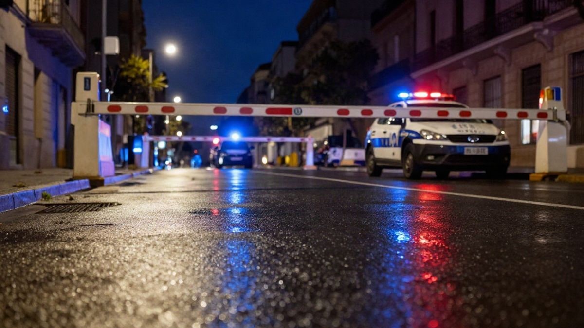 Imagen ilustrativa: control policial nocturno en una calle urbana con barrera y luces de patrulla