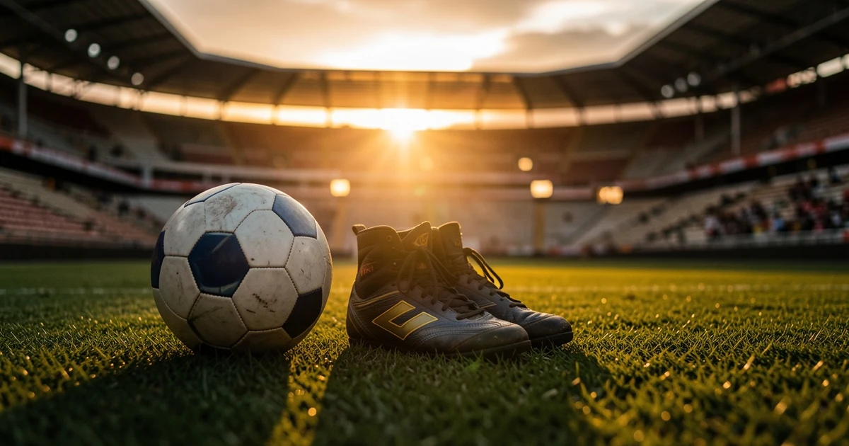 Balón de fútbol y botas sobre el césped de un estadio vacío al atardecer