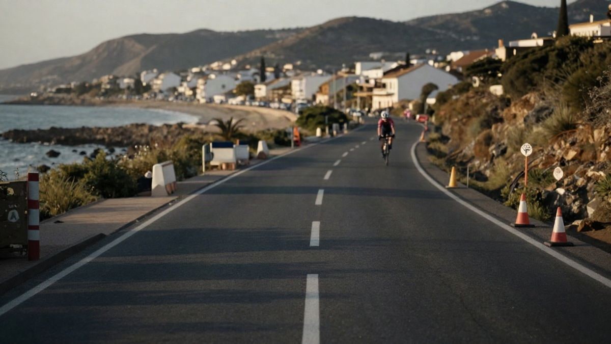 Imagen ilustrativa: carretera costera con barreras y conos preparada para el paso de una carrera ciclista