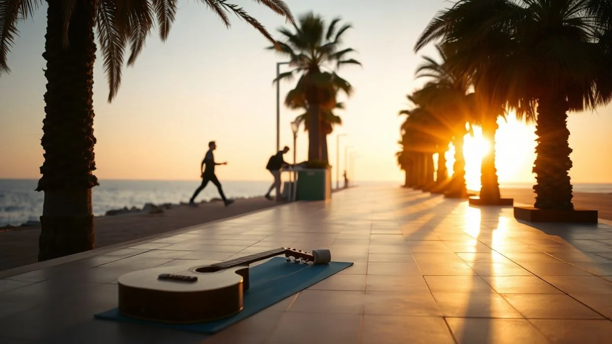 Illustrative image: a yoga mat and a guitar on a promenade at dawn