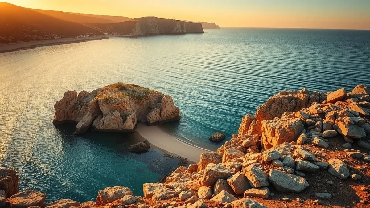 Vista panorámica de la playa de Maro con acantilados al fondo, al atardecer, sin personas