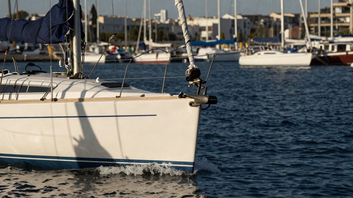 Imagen ilustrativa: proa de un velero navegando en aguas tranquilas con un puerto deportivo al fondo.