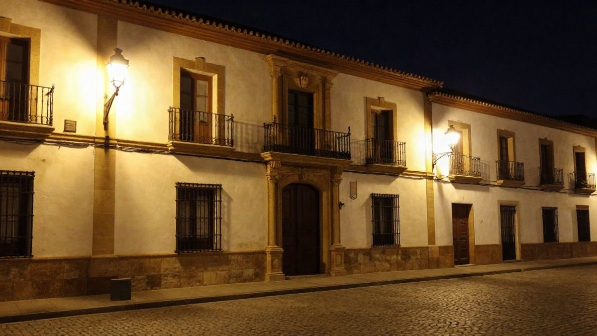 Imagen ilustrativa: fachada de un edificio histórico iluminada por farolas en una calle nocturna