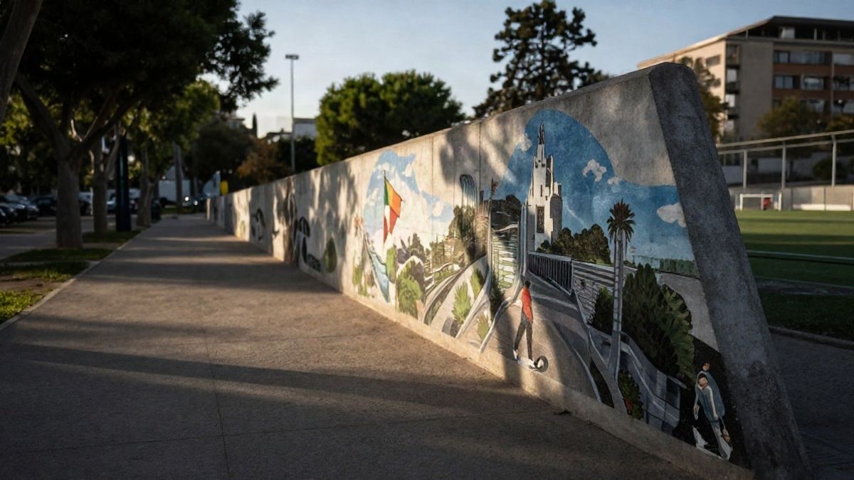 Imagen ilustrativa: gran angular de un mural urbano en un parque público junto a una instalación deportiva