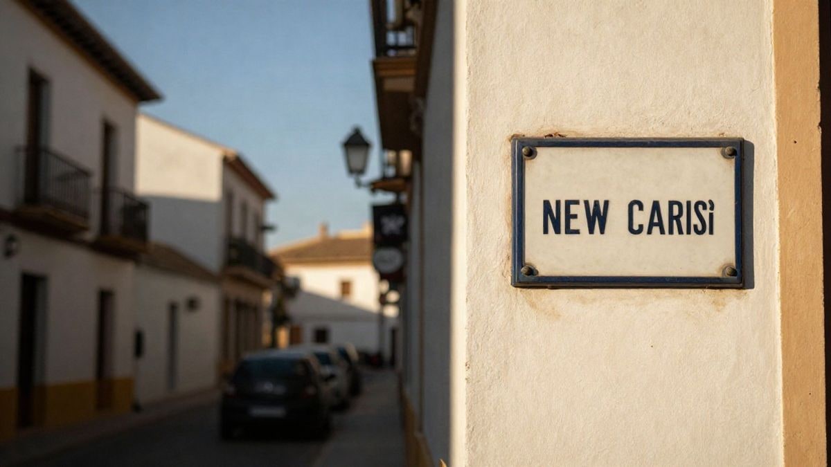 Imagen ilustrativa: placa de calle recién colocada en una fachada de un municipio español, con luz de tarde y fondo desenfocado