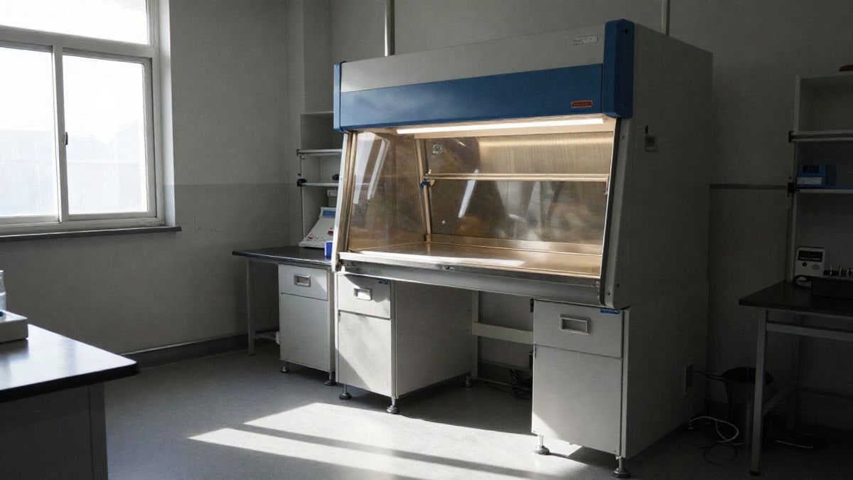 Illustrative image: interior of a clean room laboratory with stainless steel equipment and side light from a window