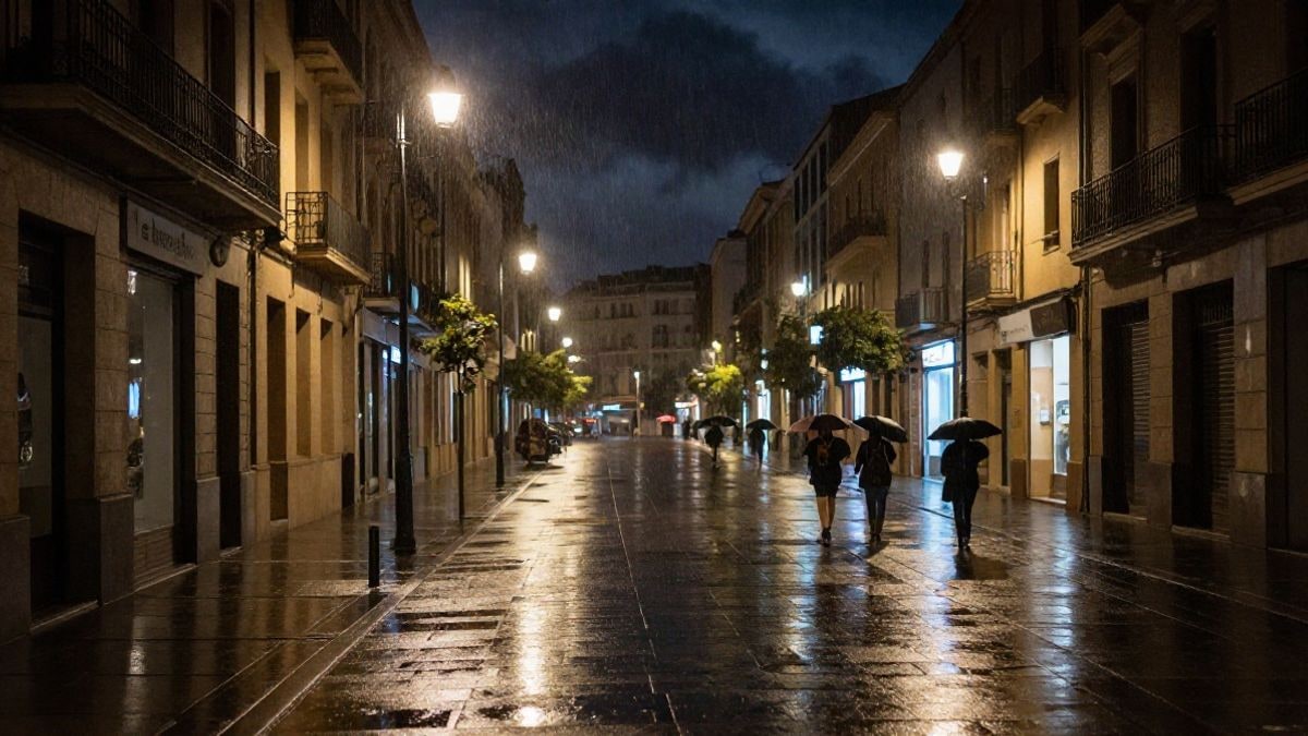 Illustrative image: urban street at night with streetlights and wet ground after rain