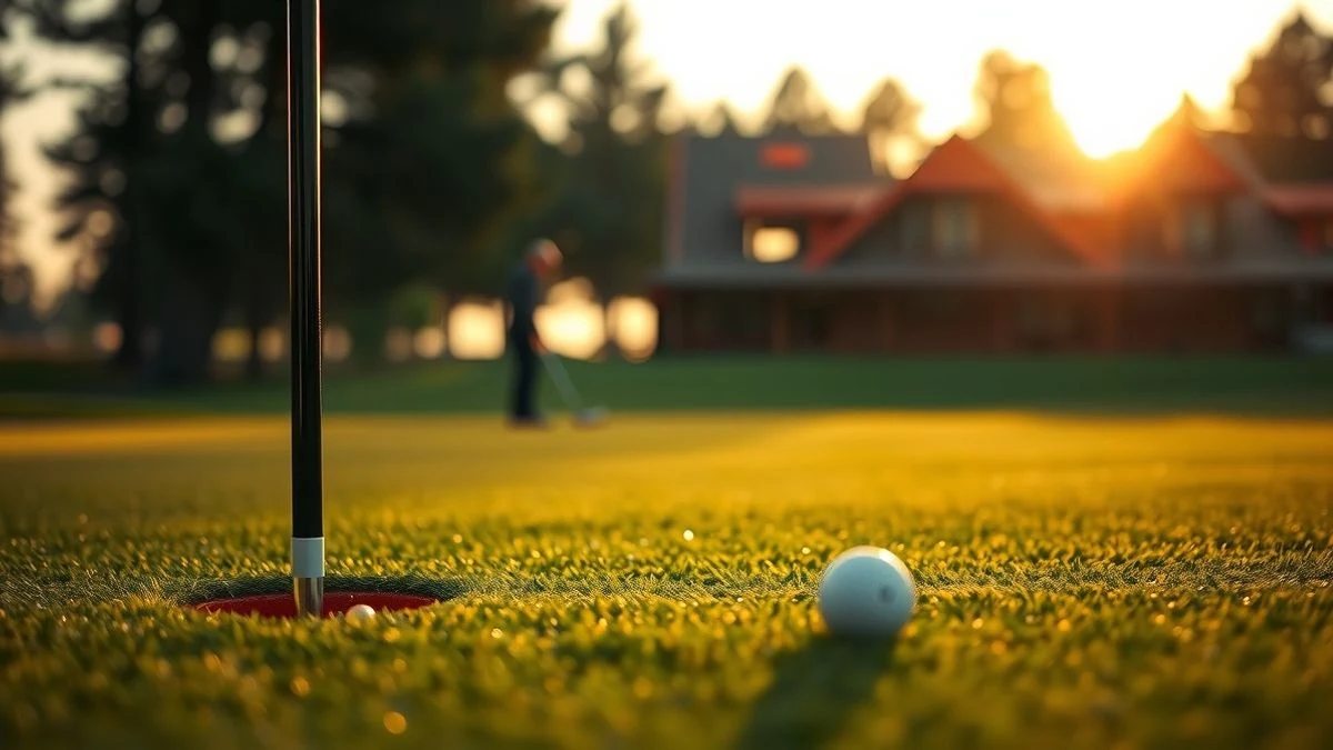 Green de golf con bandera y bola al amanecer, árboles de fondo