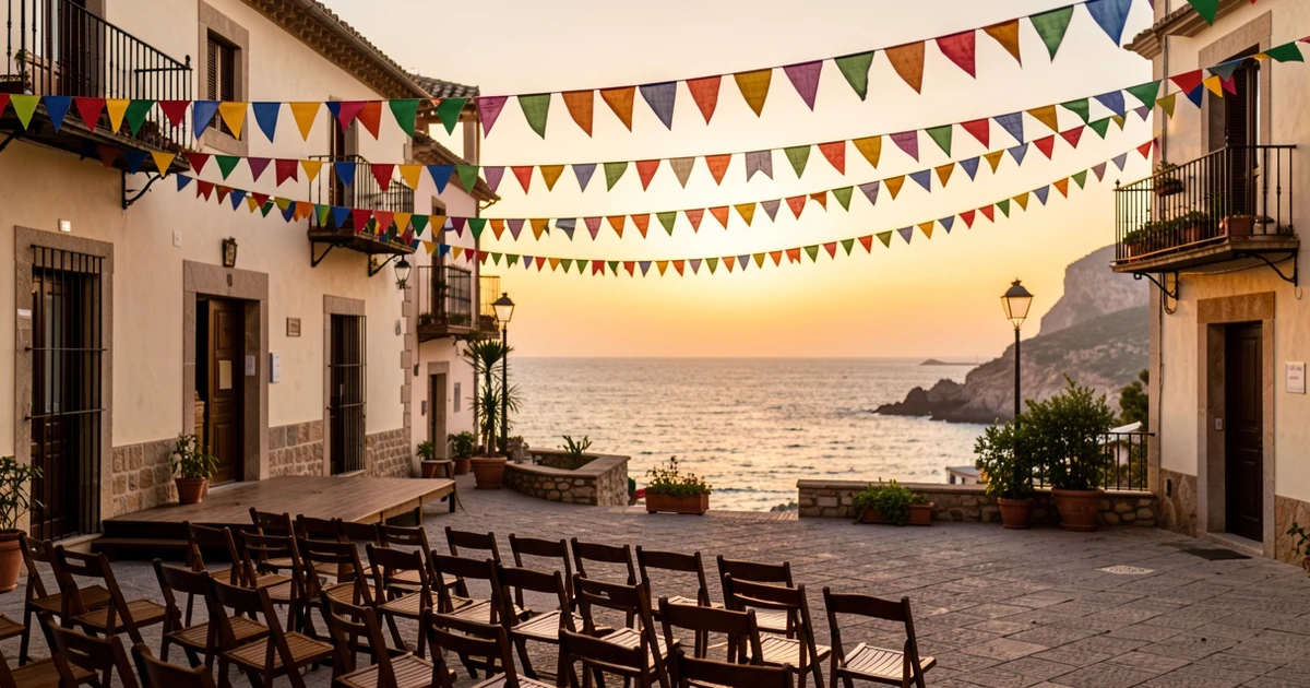 Plaza decorated with garlands and an empty stage at sunset, with the Mediterranean Sea in the background.