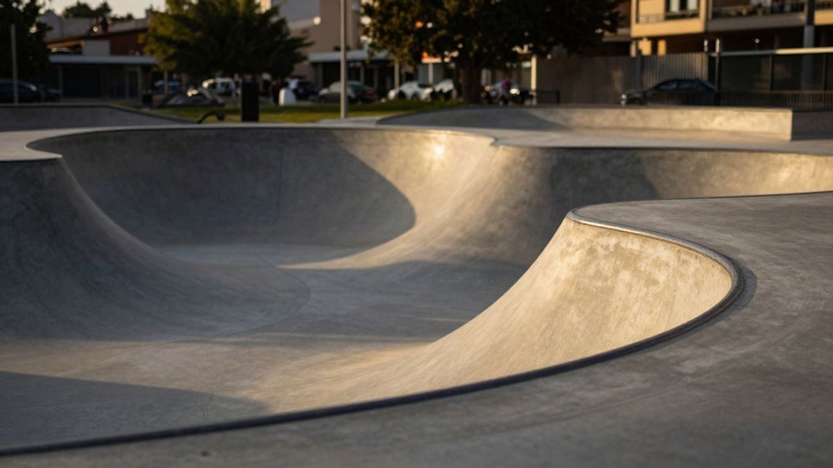 Imagen ilustrativa: un skatepark de hormigón vacío con rampas curvas al atardecer