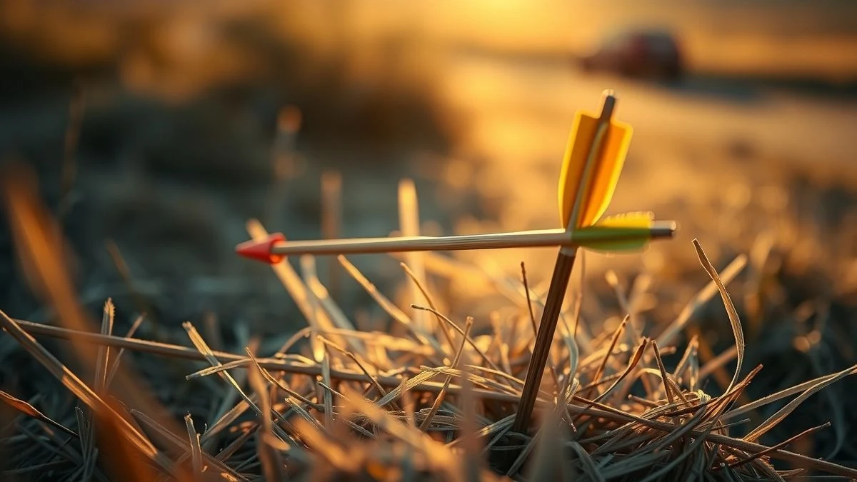 Close-up of an arrow stuck in the side of a wild boar on dry grass at sunset