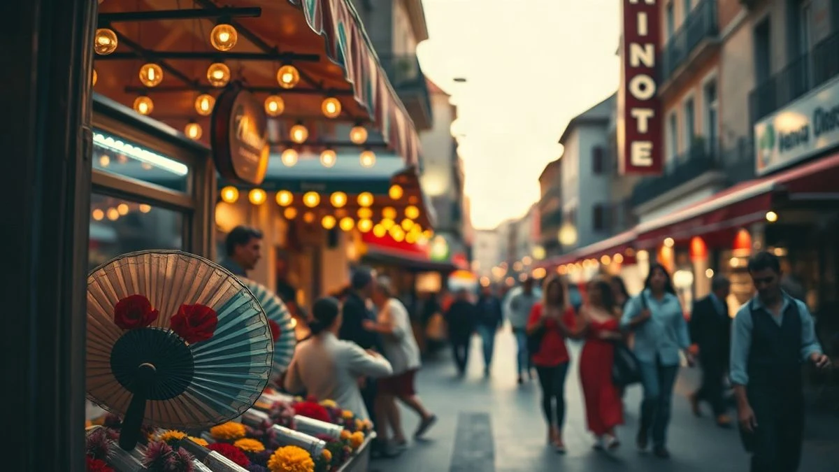 Imagen ilustrativa: un puesto de feria con abanicos y flores al atardecer, con gente de fondo desenfocada.