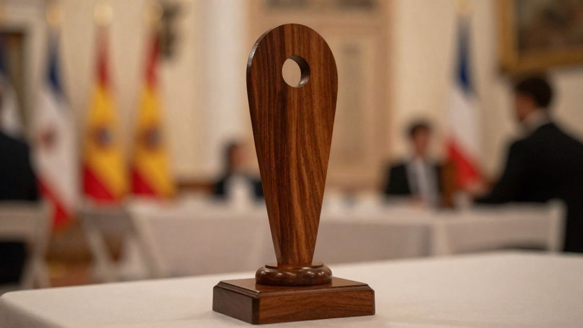 Imagen ilustrativa: trofeo de madera sobre una mesa en un salón de actos con luz cálida