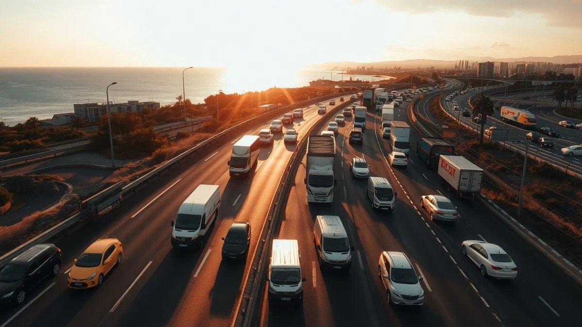 Imagen ilustrativa: vista aérea de una autovía congestionada al atardecer, con vehículos detenidos en un atasco y la costa al fondo.