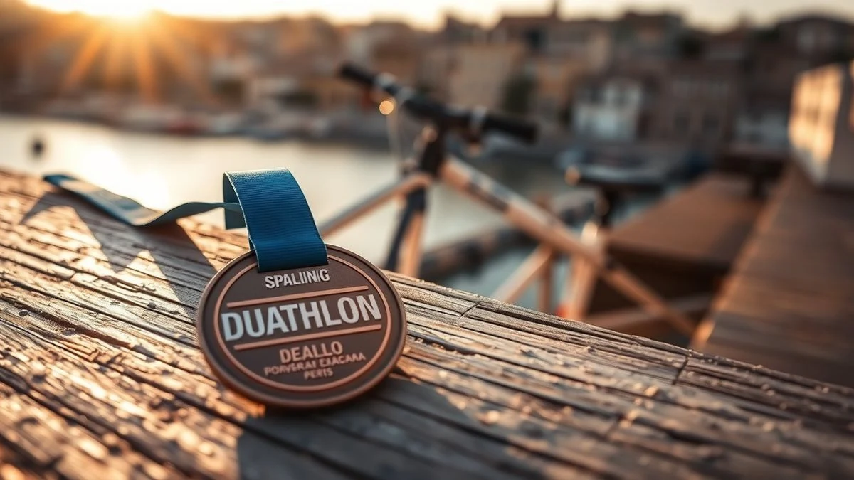 Illustrative image: a duathlon medal on a wooden surface at sunset