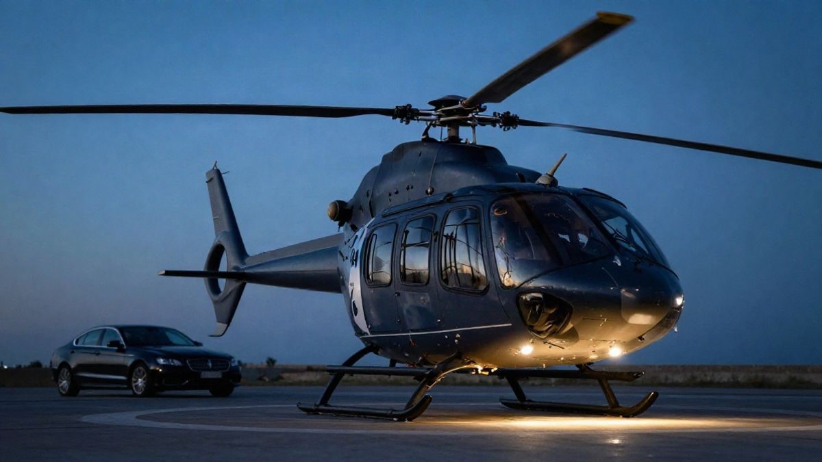 Illustrative image: generic helicopter parked at a helipad at sunset with artificial lights