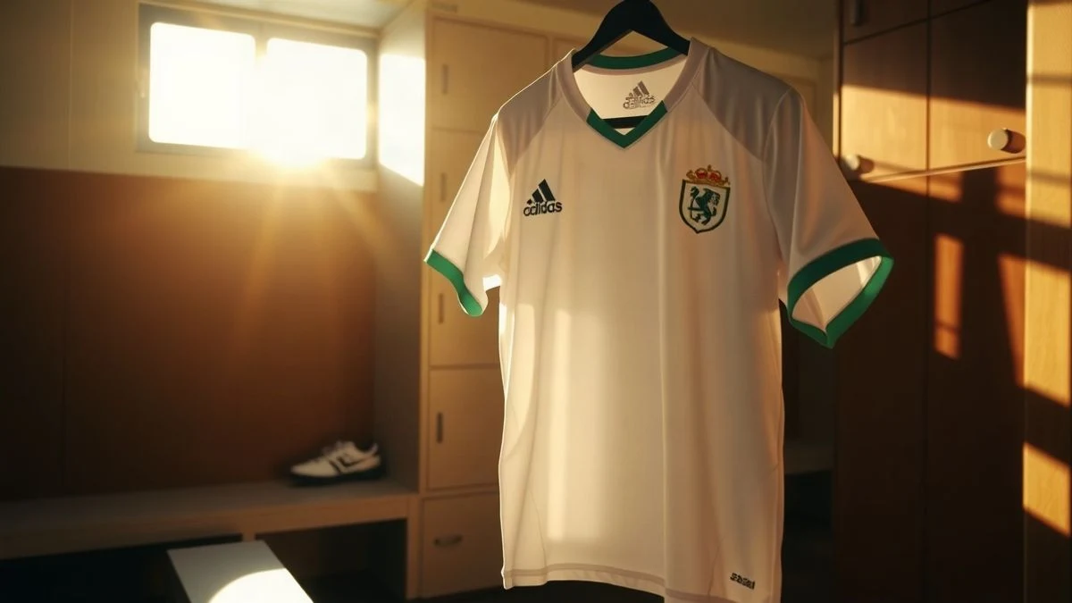 Illustrative image: white football shirt hanging in lockers with side window light