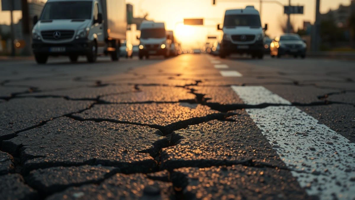 Illustrative image: detail of cracked asphalt with dense traffic in the background