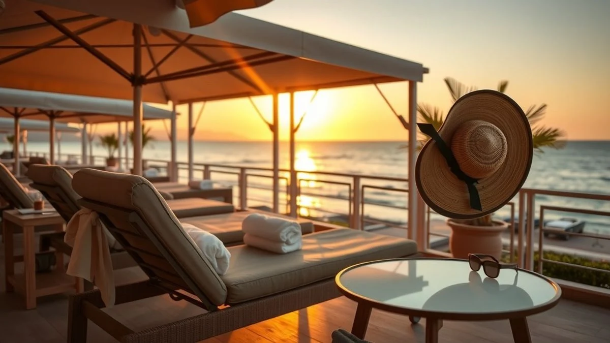 Terraza de restaurante de lujo en Marbella al atardecer, con una tumbona vacía y un sombrero, vista al mar